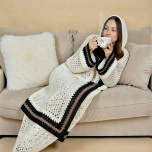 Creamy Cozy Hooded Knit Hooded Peapod Blanket Cape with Black Brown Trim